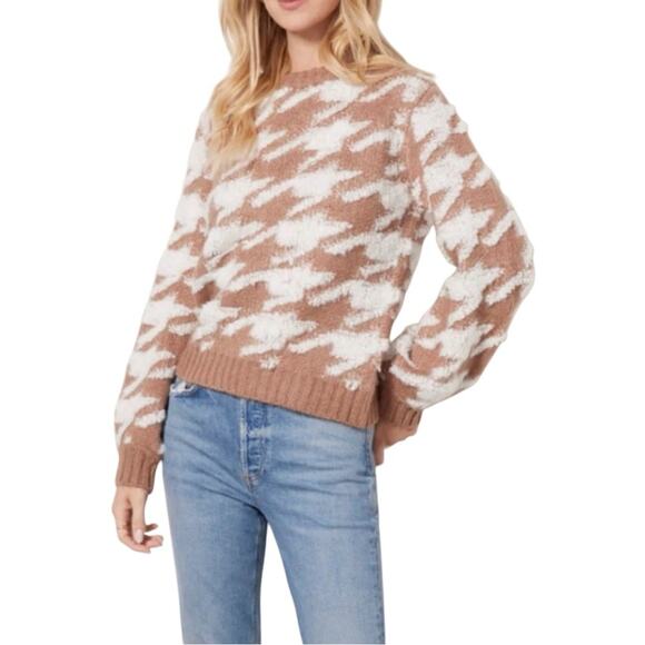NWT LINE AND DOT Women’s Houndstooth Plush Sweater in Toffee and Ivory - Picture 1 of 10